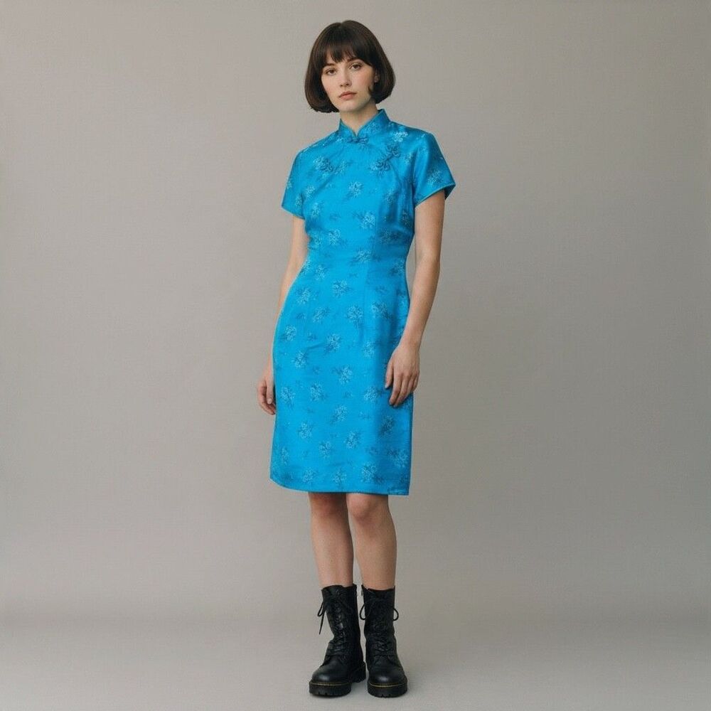 VTG 1950s Aldens Turquoise Mandarin Dress Blue Mid Centu Floral Wiggle Midi SM